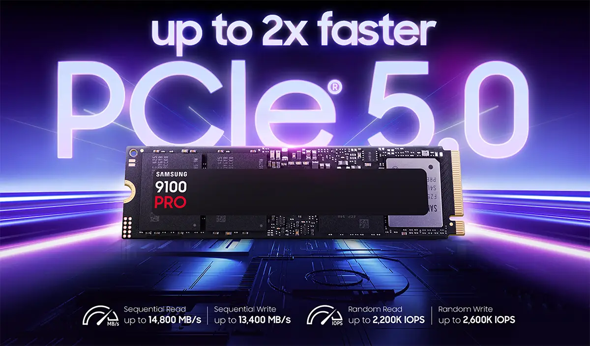اس‌اس‌دی سامسونگ مدل Samsung 9100 PRO 1 TB NVMe که مبتنی بر PCIe 5.0 است، در حال حاضر سریع‌ترین SSD قابل‌خرید در دنیاست.