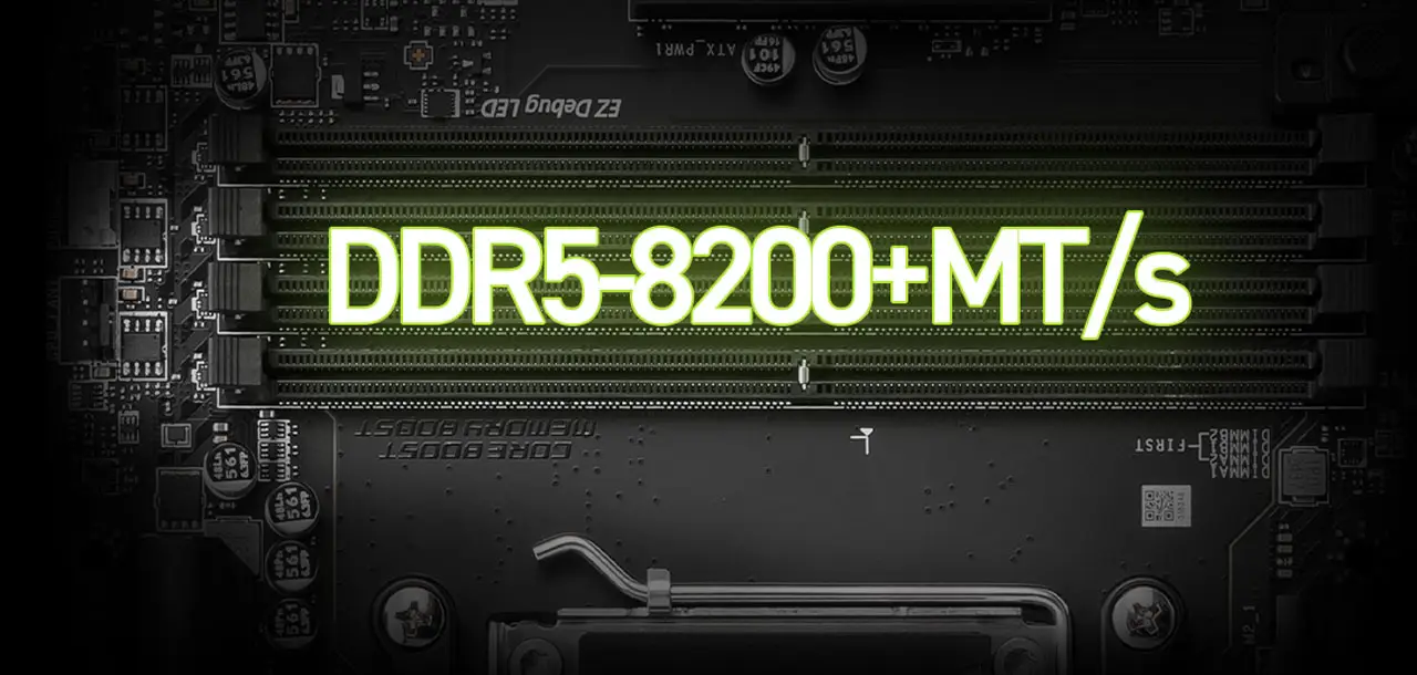 چهار اسلات DIMM با پشتیبانی از حداکثر 256GB DDR5 با سرعت تا 8200MT/s و پشتیبانی از ماژول‌های CUDIMM.