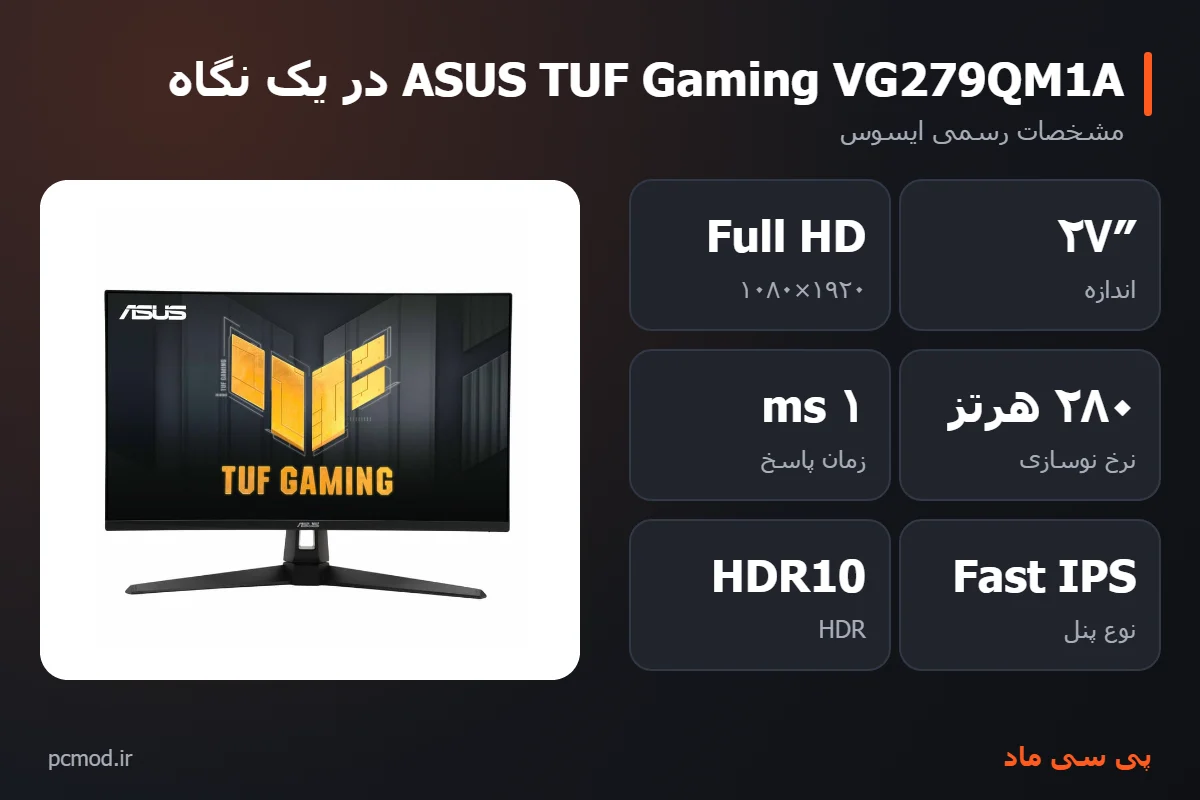 مشخصات کلیدی مانیتور ASUS TUF Gaming VG279QM1A – اینفوگرافیک پی سی ماد