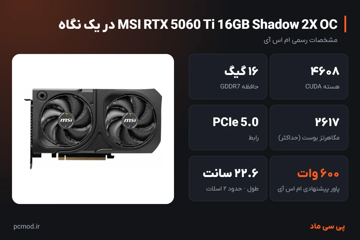 مشخصات کلیدی کارت گرافیک MSI RTX 5060 Ti 16GB Shadow 2X OC – اینفوگرافیک پی سی ماد