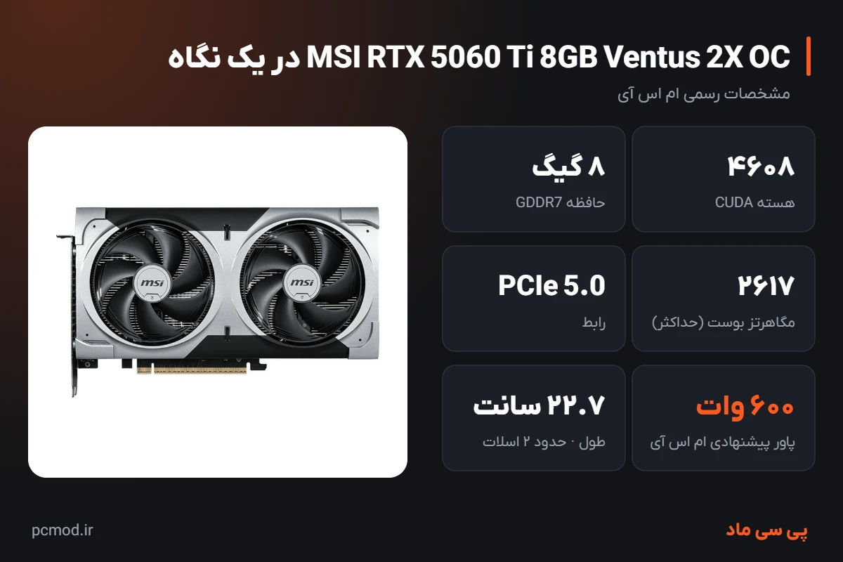 مشخصات کلیدی کارت گرافیک MSI RTX 5060 Ti 8GB Ventus 2X OC – اینفوگرافیک پی سی ماد