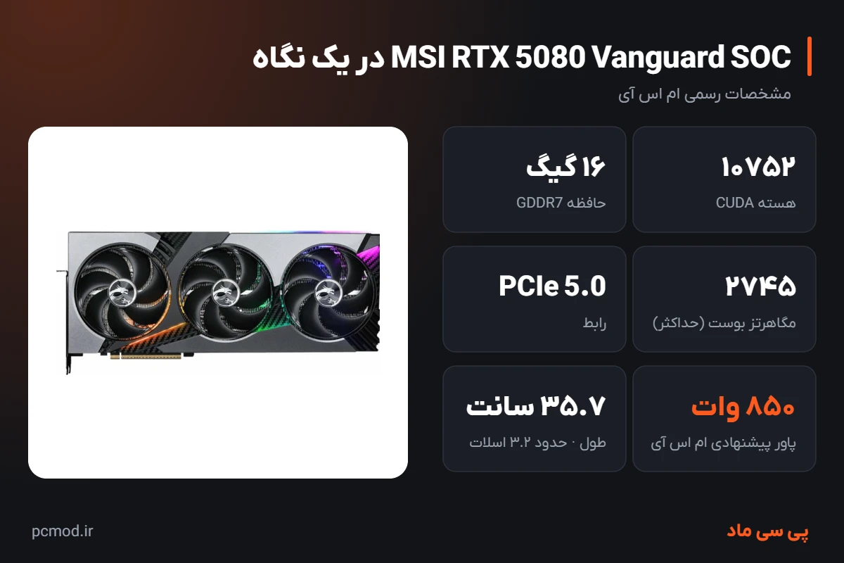 مشخصات کلیدی کارت گرافیک MSI RTX 5080 Vanguard SOC – اینفوگرافیک پی سی ماد