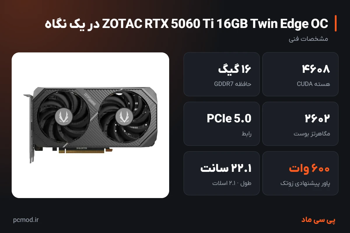 مشخصات کلیدی کارت گرافیک ZOTAC RTX 5060 Ti 16GB Twin Edge OC – اینفوگرافیک پی سی ماد